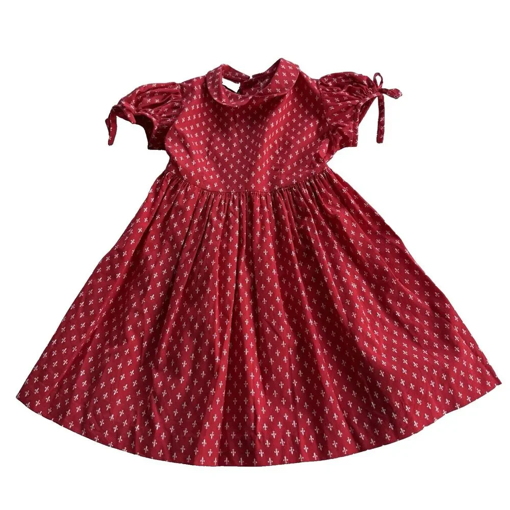 Vtg Polly Flinders Toddler 3T Dress Red Fleur de lis Hand Smocked Pinafore